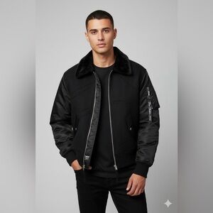 NWT, HUDSON Faux Fur Collar Wool Blend Bomber Jacket. Black. Size Small